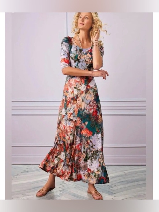 Soft Surroundings Dresses & Skirts - Soft Surroundings Multicolor Floral Scoop Neck Maxi Dress Jersey Knit 3/4sleeves